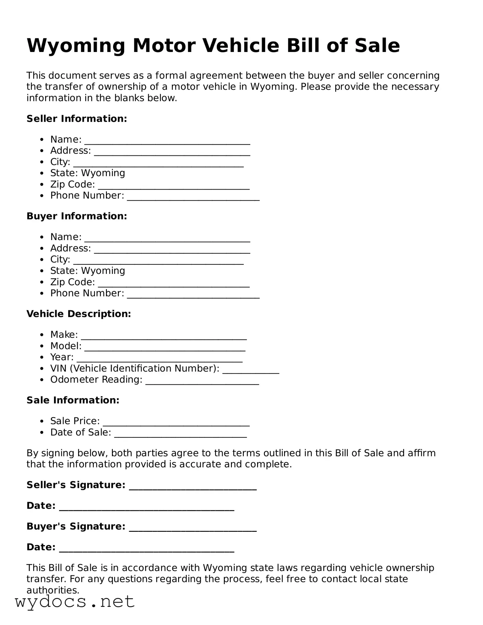 Fillable  Motor Vehicle Bill of Sale Document for Wyoming